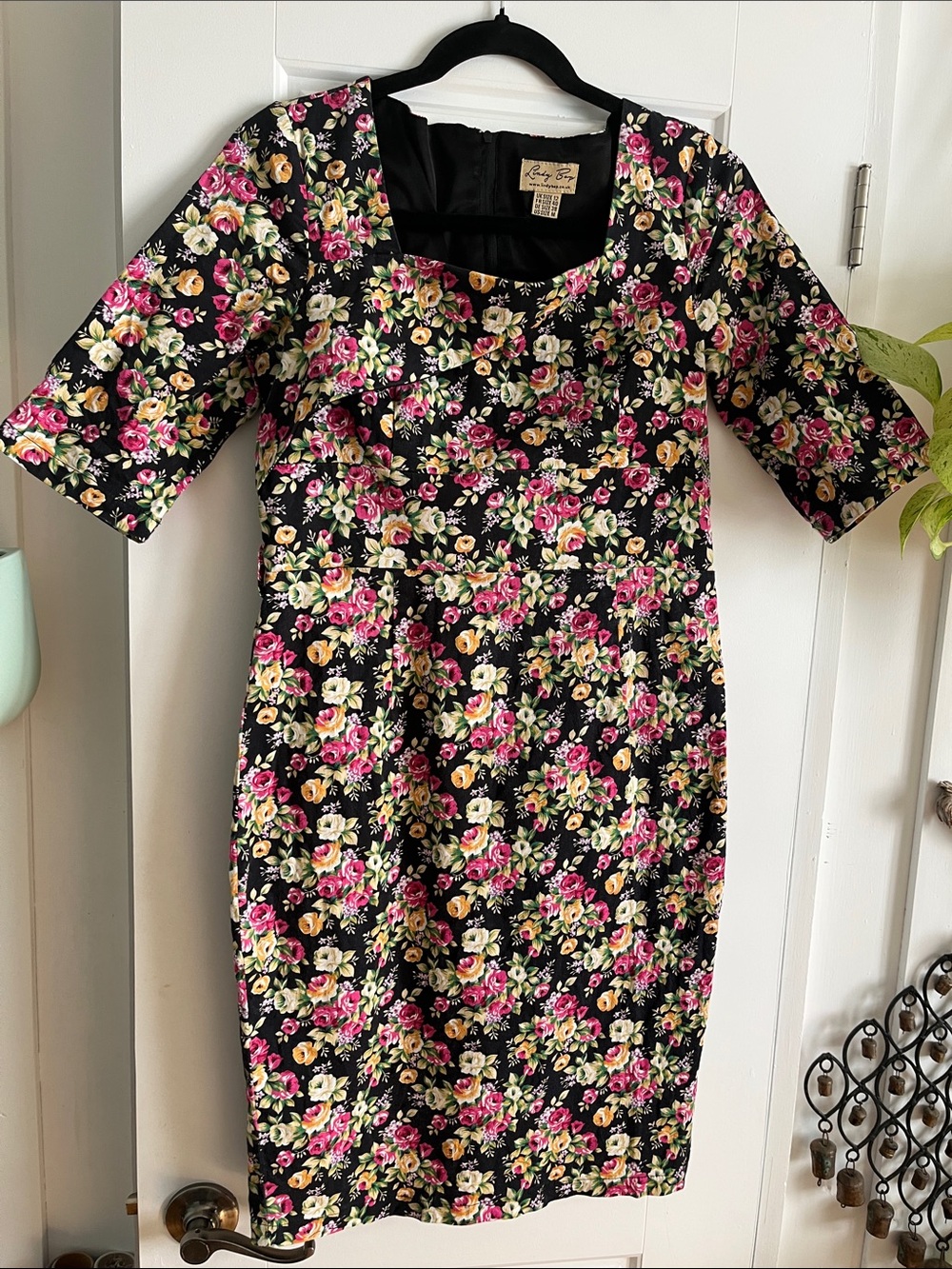 Lindy Bop Black Floral Midi Dress with Pink and Cream Flowers